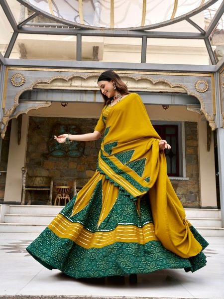 Dazzling Yellow Green Ajrakh Printed Rayon Chaniya Choli with Canvas Stitching at Manufacturer Rate Wholesale Lehengas Suppliers in Canada