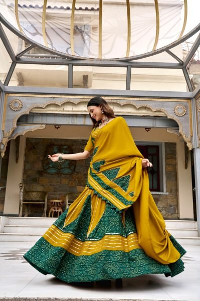 Dazzling Yellow Green Ajrakh Printed Rayon Chaniya Choli with Canvas Stitching at Manufacturer Rate Navratri Lehnega Choli