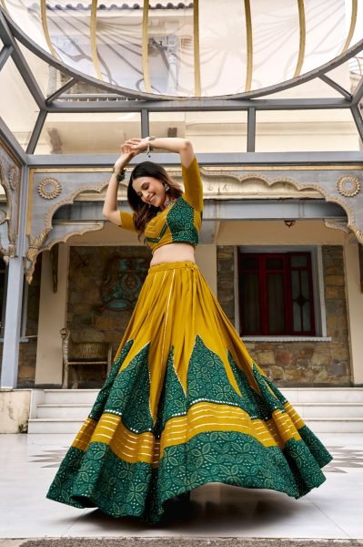 Dazzling Yellow Green Ajrakh Printed Rayon Chaniya Choli with Canvas Stitching at Manufacturer Rate Navratri Lehnega Choli