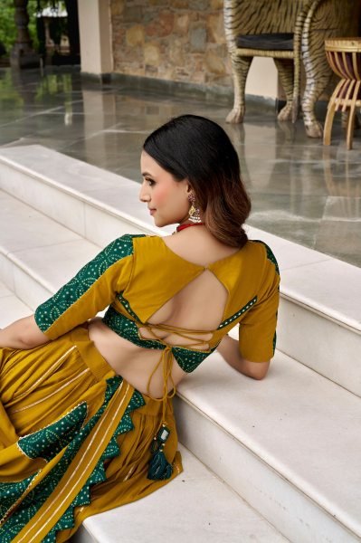 Dazzling Yellow Green Ajrakh Printed Rayon Chaniya Choli with Canvas Stitching at Manufacturer Rate Navratri Lehnega Choli