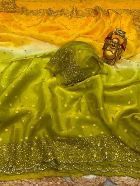 Dazzling Yellow Green Space Silk Saree with Jarkhan Work and Stone Work Blouse 