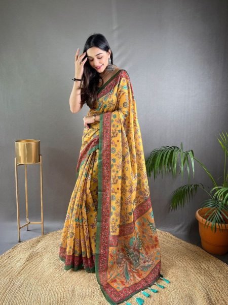 Dazzling Yellow Pure Malai Cotton Ethnic Saree with Kalamkari Artwork For Party  Sarees 