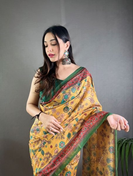 Dazzling Yellow Pure Malai Cotton Ethnic Saree with Kalamkari Artwork For Party  Printed Cotton Sarees Wholesale