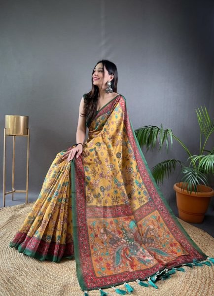 Dazzling Yellow Pure Malai Cotton Ethnic Saree with Kalamkari Artwork For Party  Printed Cotton Sarees Wholesale