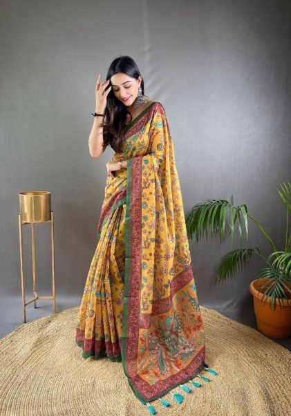 Dazzling Yellow Pure Malai Cotton Ethnic Saree with Kalamkari Artwork For Party  Printed Cotton Sarees Wholesale
