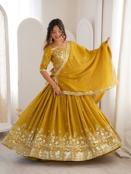 Dazzling Yellow  Simmer Silk Lehenga with Designer Dupatta for Reception Wear