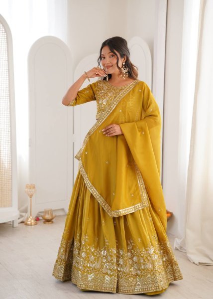 Dazzling Yellow  Simmer Silk Lehenga with Designer Dupatta for Reception Wear Designer Lehenga Choli