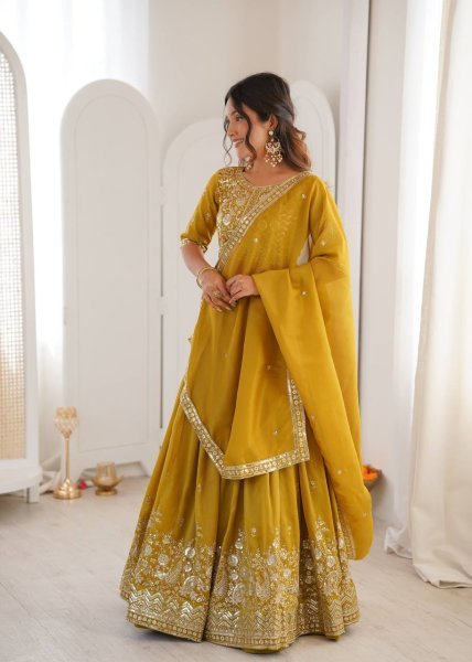 Dazzling Yellow  Simmer Silk Lehenga with Designer Dupatta for Reception Wear Designer Lehenga Choli