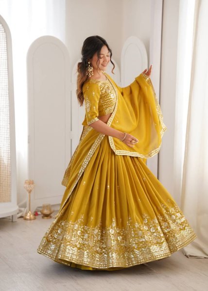 Dazzling Yellow  Simmer Silk Lehenga with Designer Dupatta for Reception Wear Designer Lehenga Choli