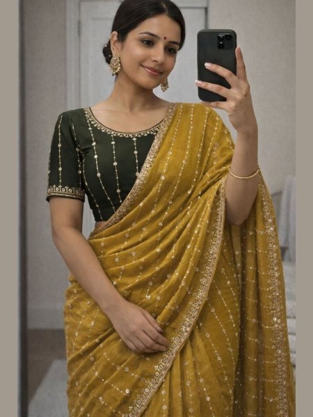 Dazzling Yellow Star Georgette Saree with Contrast Blouse Design Sarees 
