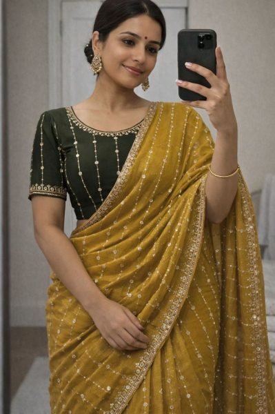 Dazzling Yellow Star Georgette Saree with Contrast Blouse Design Silk Sarees Wholesale