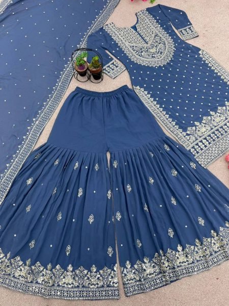 Decent Embroidery Sequence Work Rama Color Sharara Suit Ready To Wear Collection