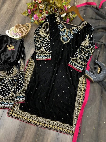 Deep Black Velvet Cording Sequins Embroidered Suit with Black Dupatta for Reception Wear Ready To Wear Collection