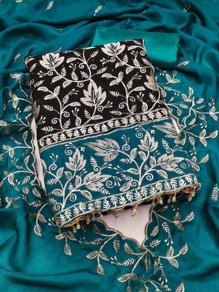 Deep Blue Multi Embroidered Vichitra Silk Salwar Suit Set Dress Material 