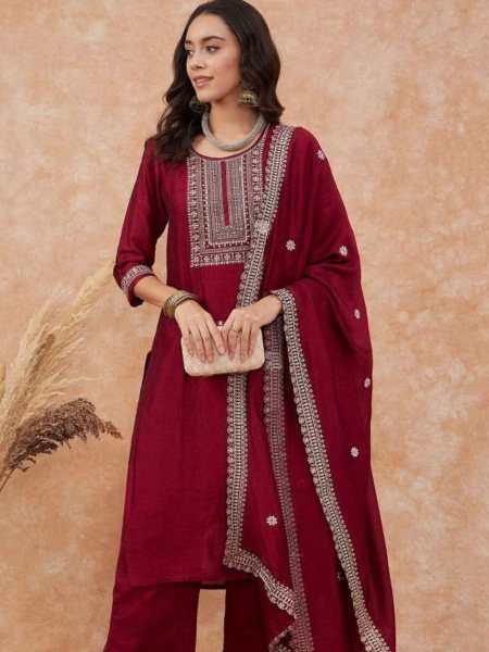 Deep Maroon Embroidered Vichitra Silk Kurta Pant Set Traditional Festive Collection Kurtis