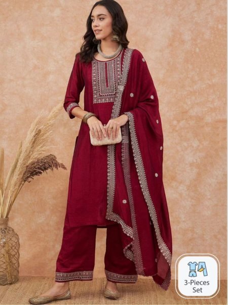 Deep Maroon Embroidered Vichitra Silk Kurta Pant Set Traditional Festive Collection 3 Piece Kurti Set