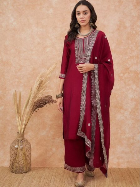 Deep Maroon Embroidered Vichitra Silk Kurta Pant Set Traditional Festive Collection 3 Piece Kurti Set
