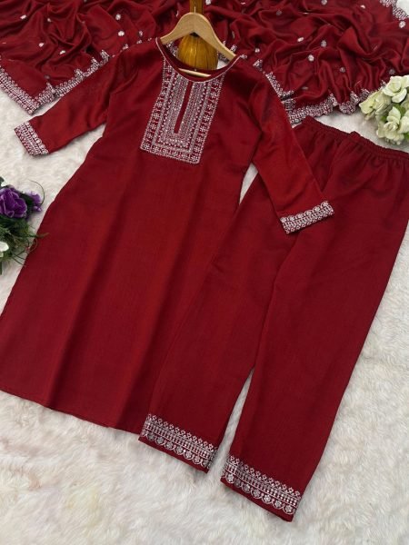 Deep Maroon Embroidered Vichitra Silk Kurta Pant Set Traditional Festive Collection 3 Piece Kurti Set