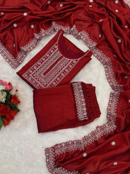 Deep Maroon Embroidered Vichitra Silk Kurta Pant Set Traditional Festive Collection 3 Piece Kurti Set