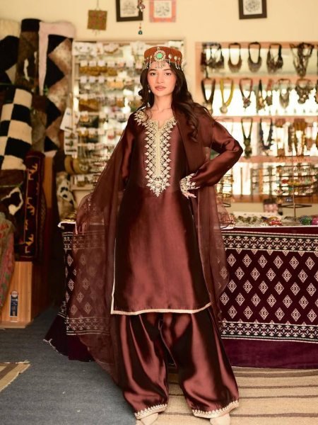 Chocolate Brown Jimmi Chho Zari Embroidered Farshi Suit with Dupatta for Cultural Events Ready To Wear Suit