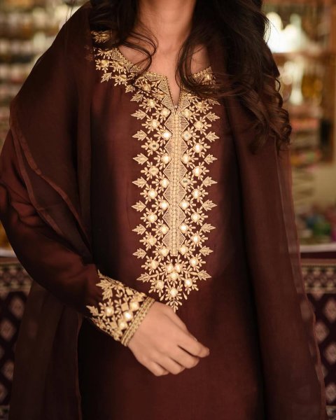 Chocolate Brown Jimmi Chho Zari Embroidered Farshi Suit with Dupatta for Cultural Events Ready To Wear Collection