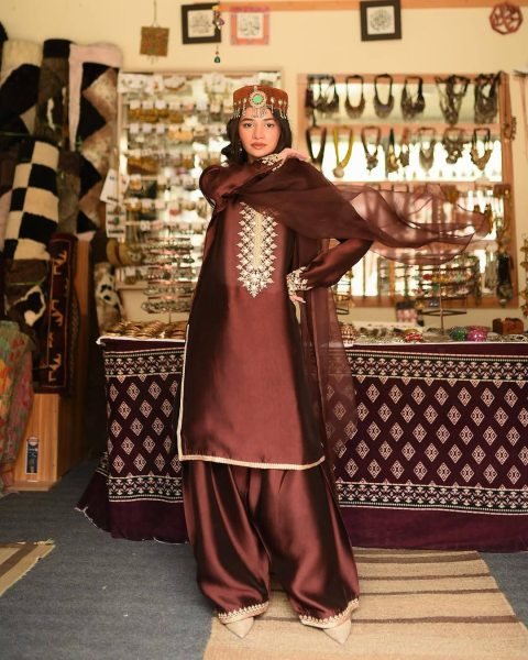 Chocolate Brown Jimmi Chho Zari Embroidered Farshi Suit with Dupatta for Cultural Events Ready To Wear Collection