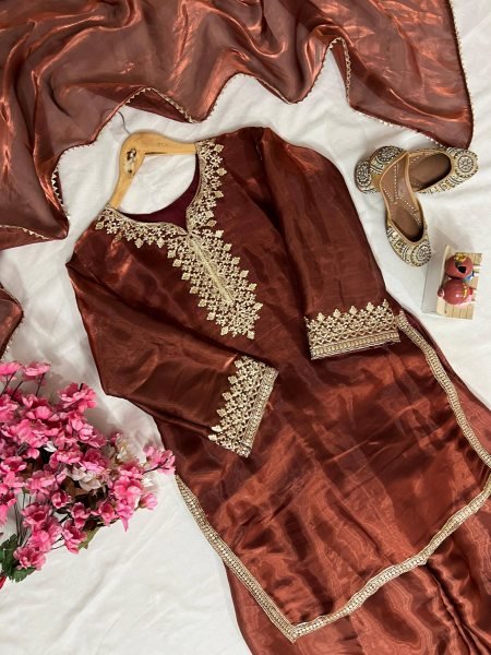 Chocolate Brown Jimmi Chho Zari Embroidered Farshi Suit with Dupatta for Cultural Events Ready To Wear Collection