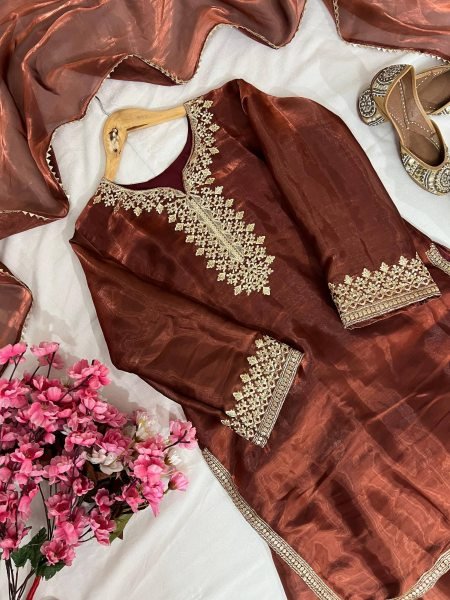 Chocolate Brown Jimmi Chho Zari Embroidered Farshi Suit with Dupatta for Cultural Events Ready To Wear Collection