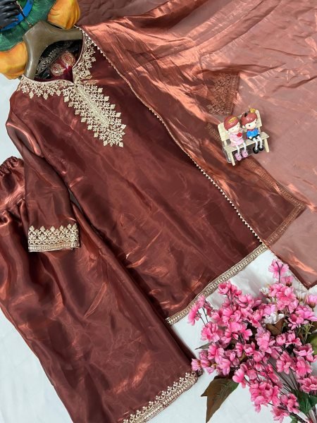 Chocolate Brown Jimmi Chho Zari Embroidered Farshi Suit with Dupatta for Cultural Events Ready To Wear Collection