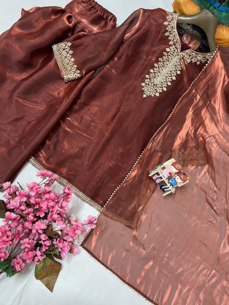 Chocolate Brown Jimmi Chho Zari Embroidered Farshi Suit with Dupatta for Cultural Events Ready To Wear Collection