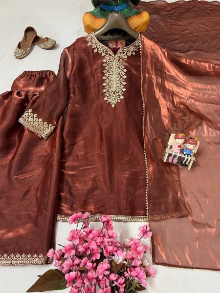 Chocolate Brown Jimmi Chho Zari Embroidered Farshi Suit with Dupatta for Cultural Events Ready To Wear Collection