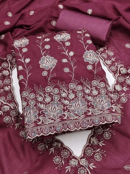 Deep Maroon Vichitra Silk Dress Material with Multi Embroidery Work and Designer Dupatta Dress Material 