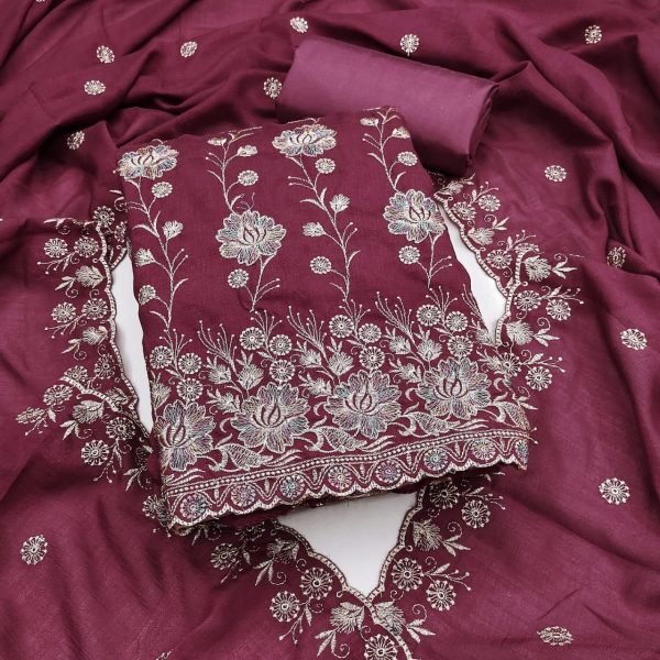 Deep Maroon Vichitra Silk Dress Material with Multi Embroidery Work and Designer Dupatta Color Set Matching Dress Material Wholesale