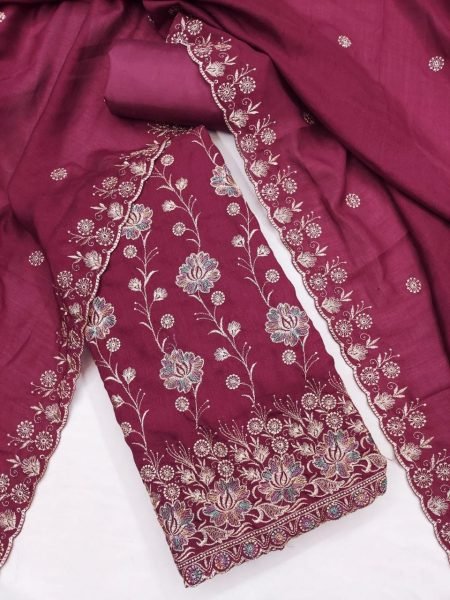 Deep Maroon Vichitra Silk Dress Material with Multi Embroidery Work and Designer Dupatta Color Set Matching Dress Material Wholesale