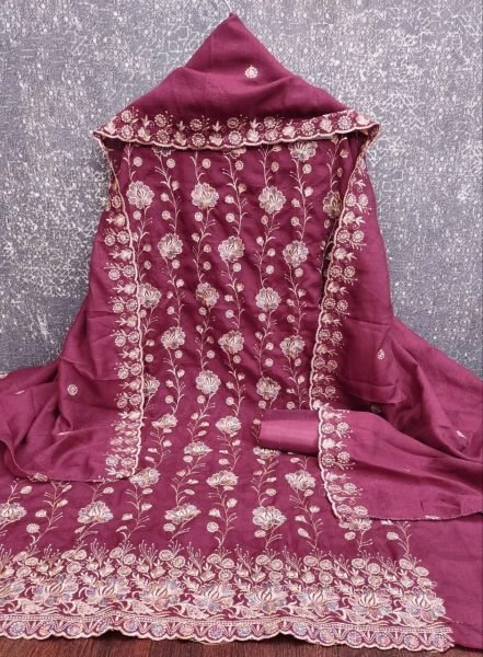 Deep Maroon Vichitra Silk Dress Material with Multi Embroidery Work and Designer Dupatta Color Set Matching Dress Material Wholesale
