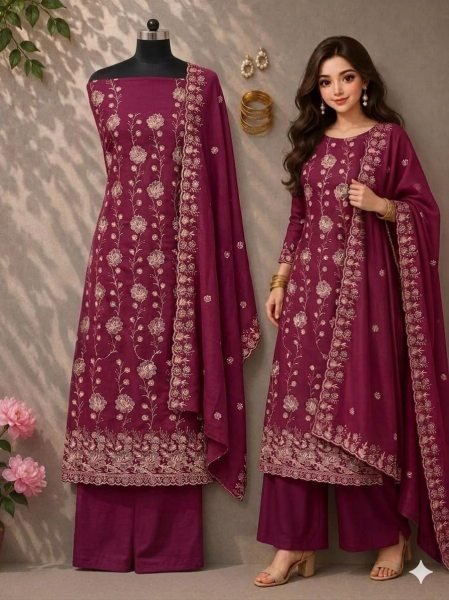 Deep Maroon Vichitra Silk Dress Material with Multi Embroidery Work and Designer Dupatta Color Set Matching Dress Material Wholesale