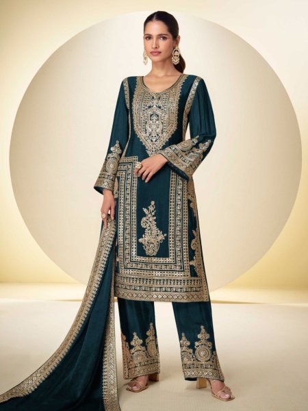Deep Peacock Green Real Chinon Palazzo Suit with Handwork and Digital Print Dupatta 