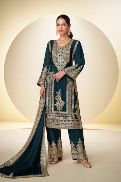 Deep Peacock Green Real Chinon Palazzo Suit with Handwork and Digital Print Dupatta Designer Plazzo Salwar Suits Wholesale