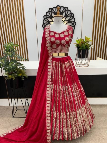 Deep Pink Chinnon Silk Lehenga Set with Real Mirror Embroidery Bridal Side Function Wear