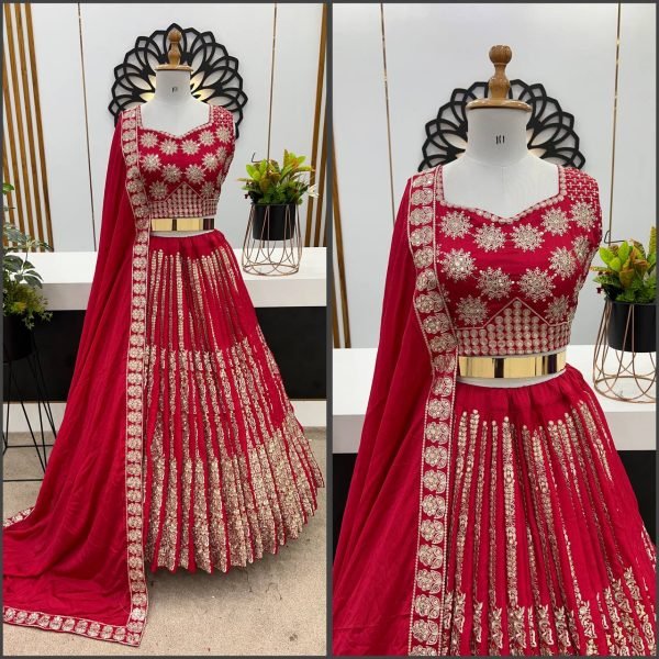Deep Pink Chinnon Silk Lehenga Set with Real Mirror Embroidery Bridal Side Function Wear Designer Lehenga Choli
