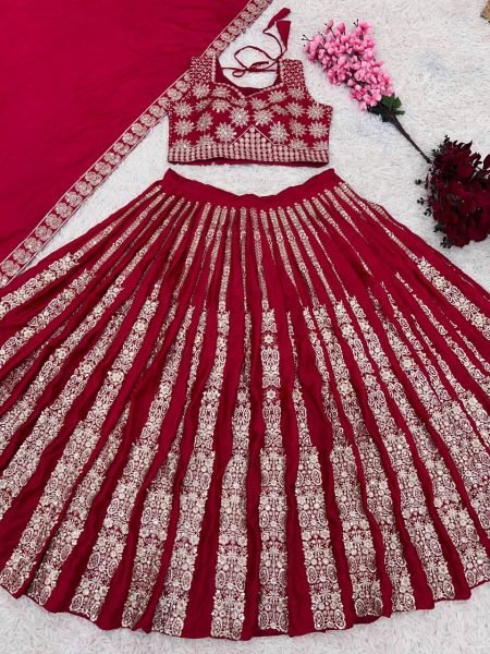 Deep Pink Chinnon Silk Lehenga Set with Real Mirror Embroidery Bridal Side Function Wear Designer Lehenga Choli