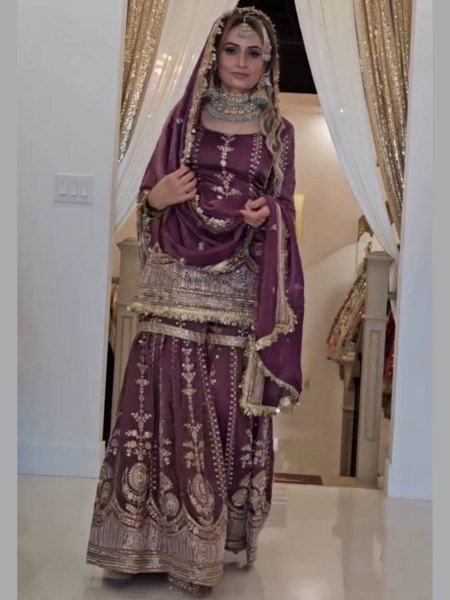 deep purple chinon silk punjabi suit embroidered plazzo set for party wear Ready To Wear Suit