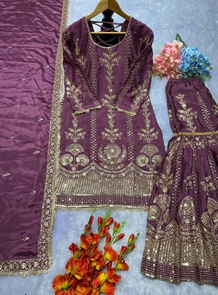 deep purple chinon silk punjabi suit embroidered plazzo set for party wear Ready To Wear Collection