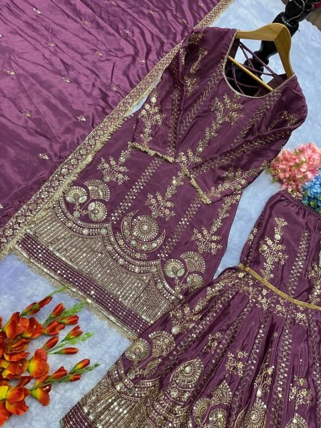 deep purple chinon silk punjabi suit embroidered plazzo set for party wear Ready To Wear Collection