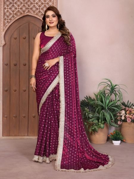 Deep Purple Designer Fendi Satin Silk Saree with Elegant Foil Work at Manufacturer Rate 