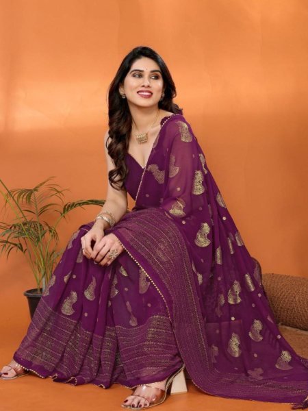Deep Purple Soft Georgette Saree with Foil Work Designer Festive Wear Drape Georgette Sarees Wholesale
