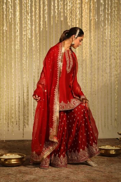 Deep Red Chinon Silk Sharara Set for Girls Heavy Embroidered Readymade Partywear with Lace Dupatta Wholesale Price Collection Ready To Wear Collection