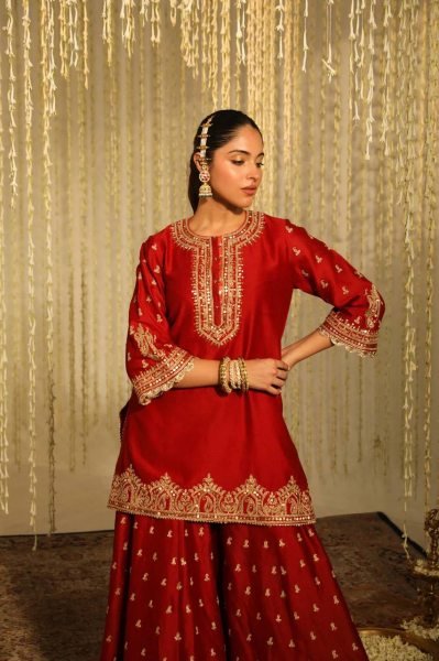 Deep Red Chinon Silk Sharara Set for Girls Heavy Embroidered Readymade Partywear with Lace Dupatta Wholesale Price Collection Ready To Wear Collection