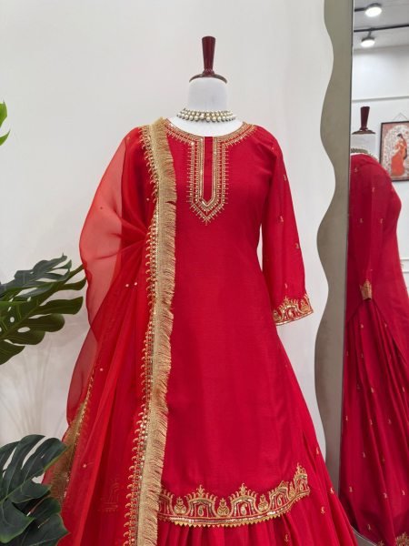 Deep Red Chinon Silk Sharara Set for Girls Heavy Embroidered Readymade Partywear with Lace Dupatta Wholesale Price Collection Ready To Wear Collection