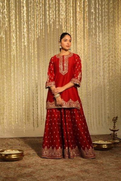 Deep Red Chinon Silk Sharara Set for Girls Heavy Embroidered Readymade Partywear with Lace Dupatta Wholesale Price Collection Ready To Wear Collection